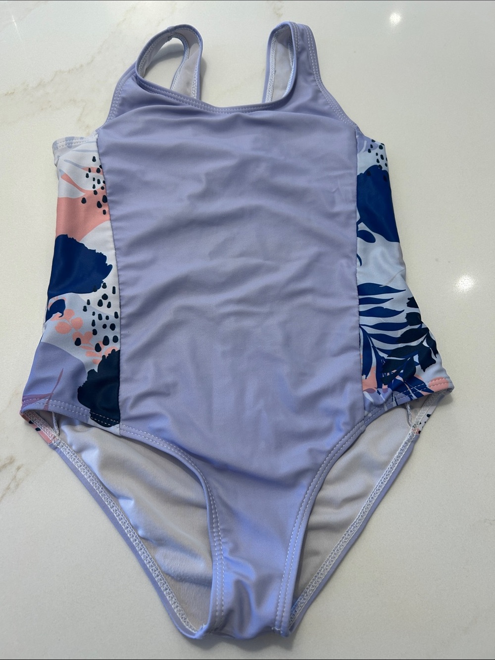 Girls' Lavender One-Piece Swimsuit with Navy Floral Sides